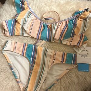 O’Neill Baja Stripe Ruffle tie back bra and bottoms bikini Girls size 10